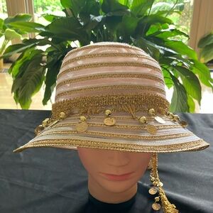Elegant Metallic Gold and White Striped Hat With Gold Coin Trim Band